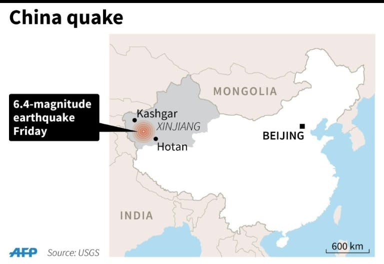 Map locating the epicenter of a 6.4-magnitude quake that struck in China's Xinjiang region on July 3, 2015