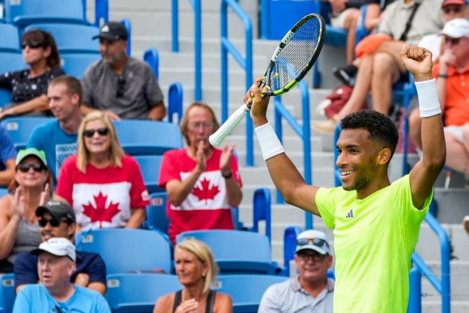 Félix Auger-Aliassime, of Canada, celebrates winning against Matteo Berrettini, of Italy, during the Western & Southern Open at the Lindner Family Tennis Center in Mason on Monday, Aug. 14, 2023.