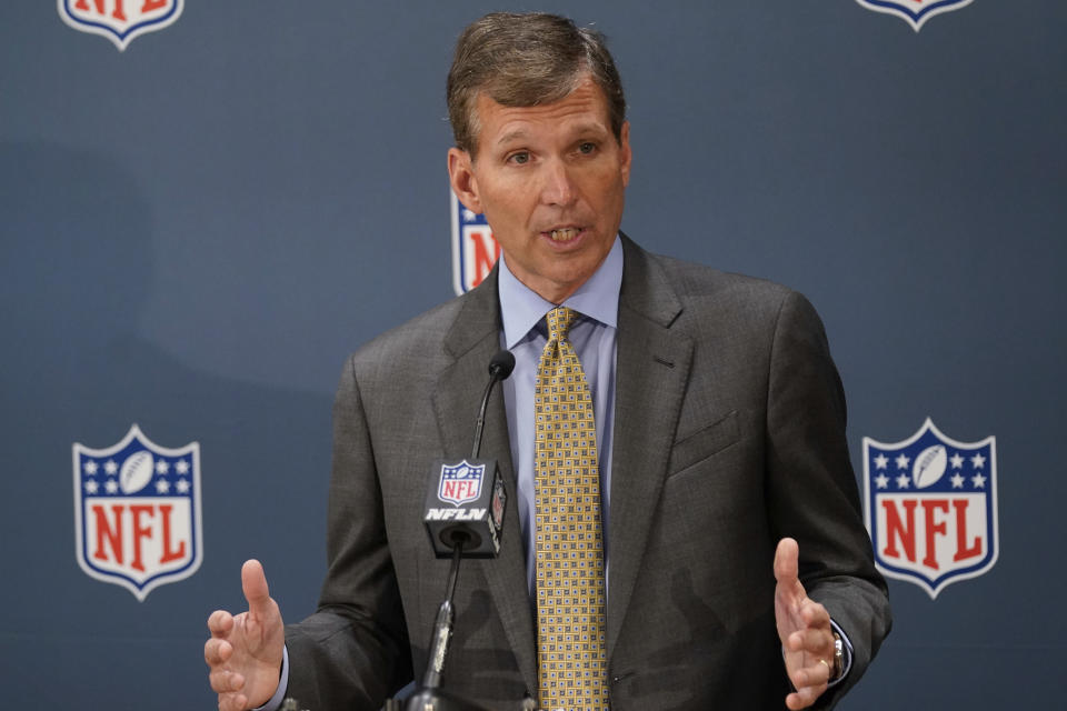 FILE - Allen Sills, Chief Medical Officer for the NFL, speaks to reporters during the NFL football owners meeting in New York, Tuesday, Oct. 26, 2021. A late-season surge in COVID-19 cases had the NFL in 2021 looking a lot like 2020, when the coronavirus led to significant disruptions, postponements and changing protocols. The emerging omicron variant figures to play a role all the way through the playoffs, including the Super Bowl in Los Angeles, where California has always been aggressive with policies to combat the spread of the virus. (AP Photo/Seth Wenig, File)
