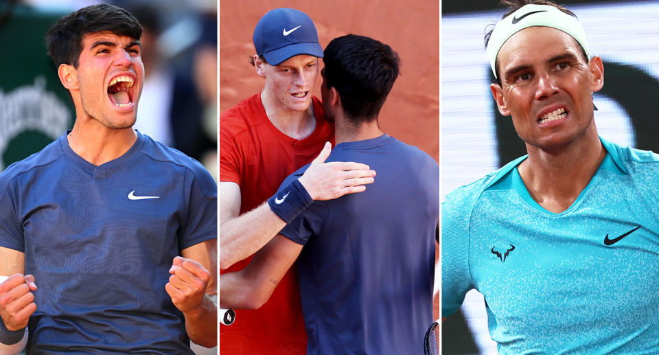 From left to right, Carlos Alcaraz', Jannik Sinner and Rafa Nadal at the French Open in 2024.