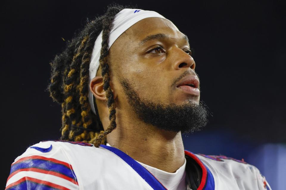 Buffalo Bills defensive back Damar Hamlin (3) leaves the field after an NFL football game against the New England Patriots, in Foxborough, Mass. Hamlin was in critical condition early Tuesday, Jan. 3, 2023, after the Bills say his heart stopped following a tackle during the Monday Night Football game, which was indefinitely postponed Bills Hamlin Injury Football, Foxborough, United States - 01 Dec 2022