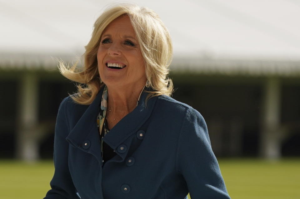 The First Lady of the United States, Jill Biden arrives at Buckingham Palace in London Friday May 5, 2023, for a reception hosted by Britain's King Charles III, for overseas guests attending his coronation. (Jacob King, Pool via AP)