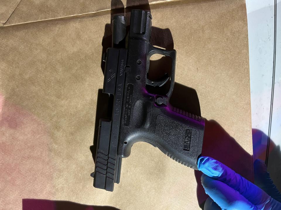 A Springfield 9-mm XD used by a suspect at Hunt Fountain Sports Complex in North Lakeland early Saturday.