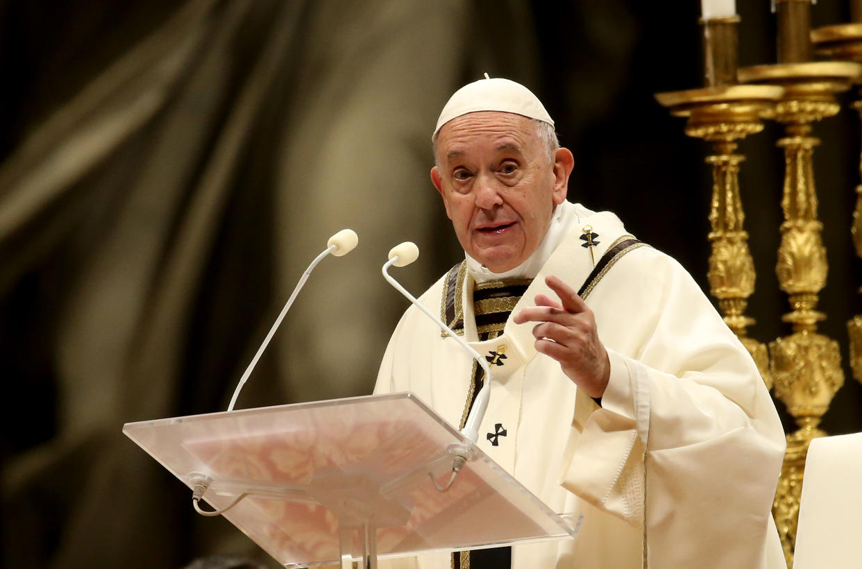 VATICAN CITY, VATICAN - DECEMBER 24: Pope delivers his homily during the Christmas Eve Mass in St. Peter's Basilica on December 24, 2019 in Vatican City, Vatican. (Photo by Franco Origlia/Getty Images)