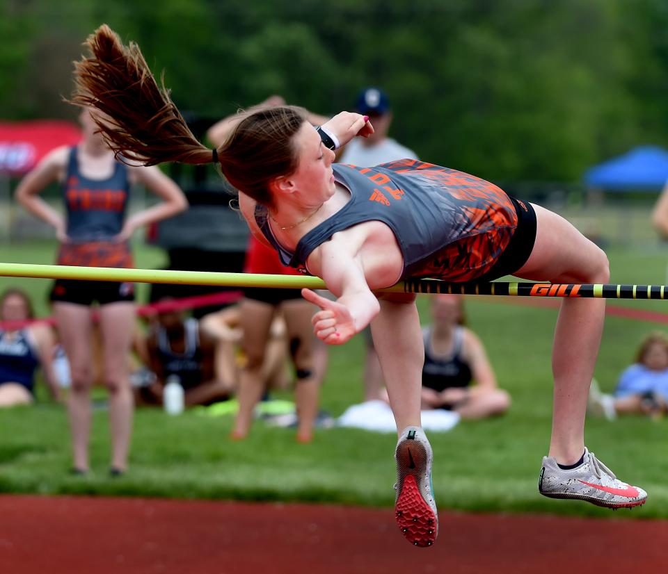 Twins Morgan Stimpson (above) and Lauren Stimpson of Tecumseh tied for second place in the D2 Regional high jump at Milan Friday, May 20, 2022.