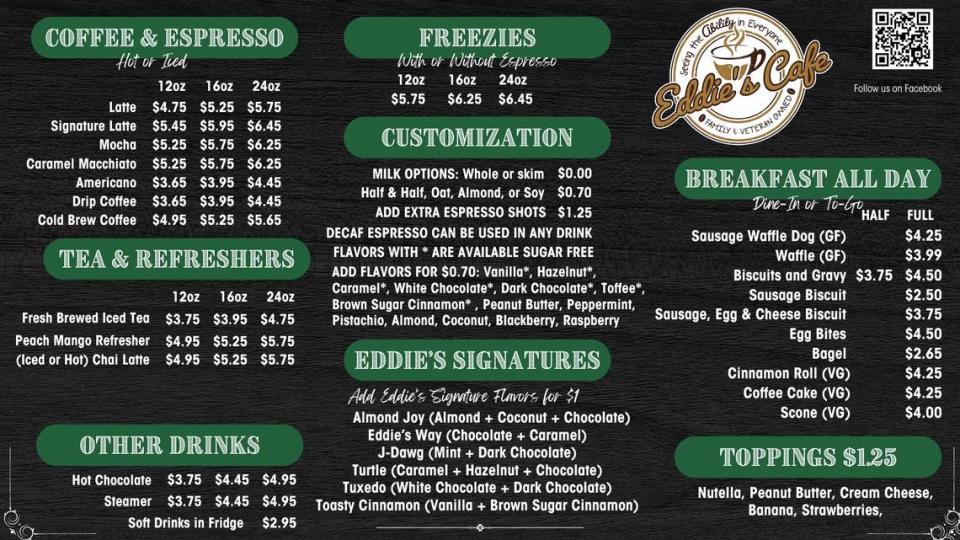 The menu for the new Eddie’s Cafe at 8643 W. Central