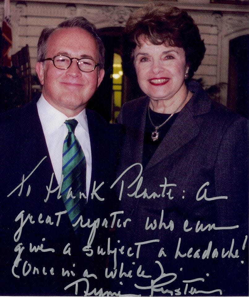 A signed photo of journalist Hank Plante and California Senator Dianne Feinstein that Feinstein gave to Plante. Feinstein wrote: "To Hank Plante: A great reporter who can give a reporter a headache once in a while!" Dianne Feinstein