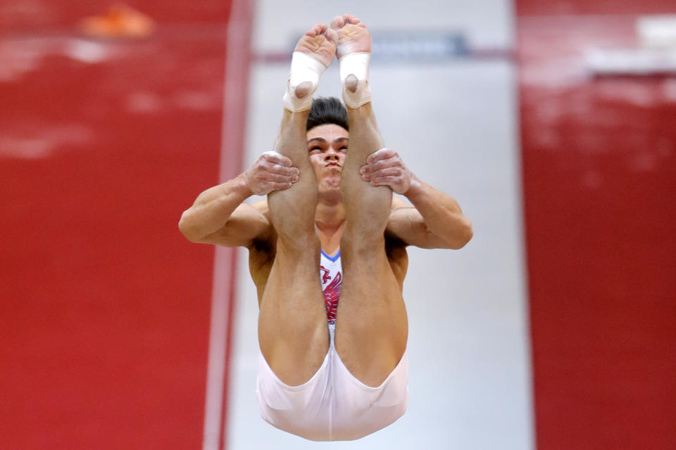 Russia's Artur Dalaloyan performs on the vault during the Men's All-Around Final of the Gymnastics World Chamionships at the Aspire Dome in Doha, Qatar, Wednesday, Oct. 31, 2018. (AP Photo/Vadim Ghirda)