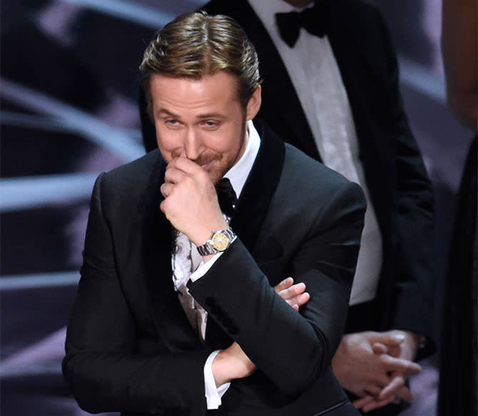 Ryan Gosling was caught giggling at the blunder.