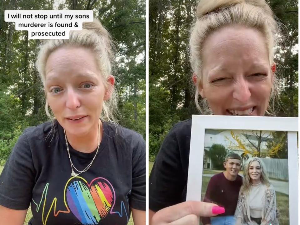 Screenshots from Nichol's video, where she can be seen crying and holding up a picture of her with her son.