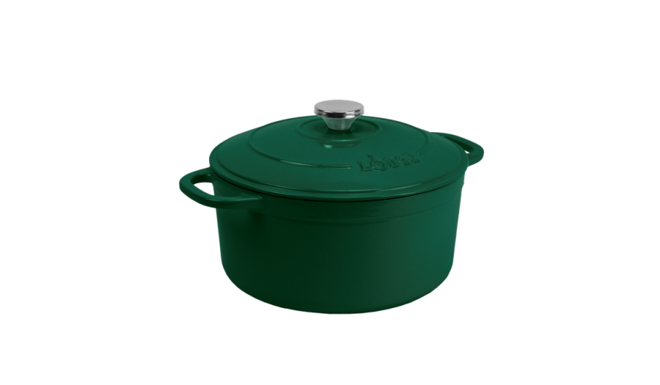 Green enameled cast iron Dutch oven with handles and silver knob on lid. 