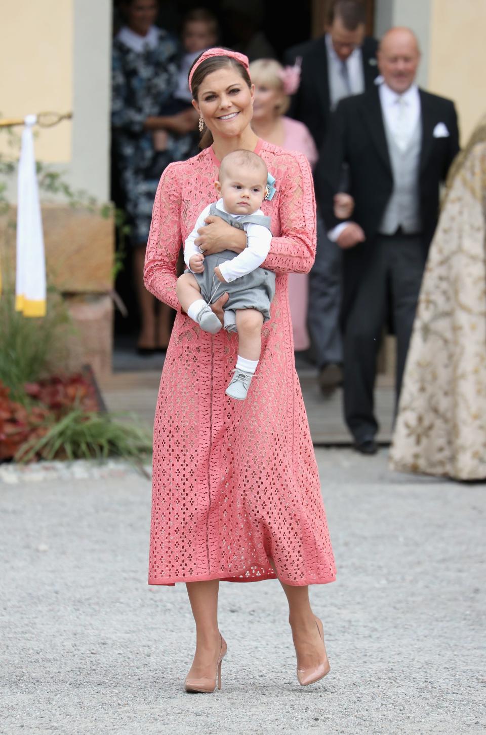 Crown Princess Victoria of Sweden wears a pink dress