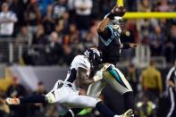 Feb 7, 2016; Santa Clara, CA, USA; Carolina Panthers quarterback Cam Newton (1) throws against Denver Broncos outside linebacker DeMarcus Ware (94) during the third quarter in Super Bowl 50 at Levi's Stadium. Mandatory Credit: Robert Deutsch-USA TODAY Sports