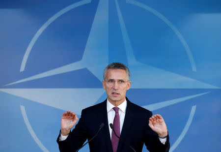 NATO Secretary-General Jens Stoltenberg briefs the media during a NATO defence ministers meeting at the Alliance headquarters in Brussels, Belgium, October 26, 2016. REUTERS/Francois Lenoir