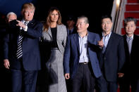 <p>President Donald Trump and first lady Melania Trump meet the three Americans released from detention in North Korea upon their arrival at Joint Base Andrews, Md., May 10, 2018. (Photo: Jonathan Ernst/Reuters) </p>