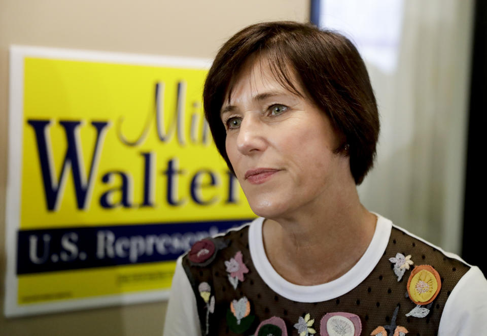 FILE - In this Tuesday, Nov. 6, 2018 file photo, U.S. Rep. Mimi Walters, R-Calif., talks to supporters at her campaign office in Irvine, Calif. A string of stunning losses has set off a fresh round of Republican soul-searching in California, where the party has been drifting toward irrelevance for years. Republican Rep. Walters was defeated Thursday, Nov. 15, 2018, in the heart of Orange County, once a nationally known Republican stronghold. (AP Photo/Chris Carlson, File)