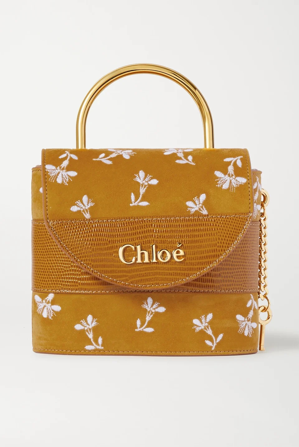 Chloé Aby Lock Small Lizard-effect Leather-Trimmed Embroidered Suede Shoulder Bag