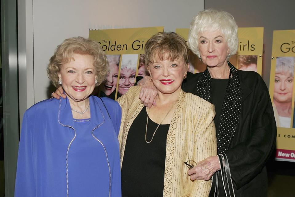<div class="inline-image__caption"><p>Actresses Betty White, Rue McClanahan and Bea Arthur arrive for the DVD release party for <em>The Golden Girls</em> on Nov. 18, 2004, in Los Angeles, California.</p></div> <div class="inline-image__credit">Carlo Allegri/Getty</div>