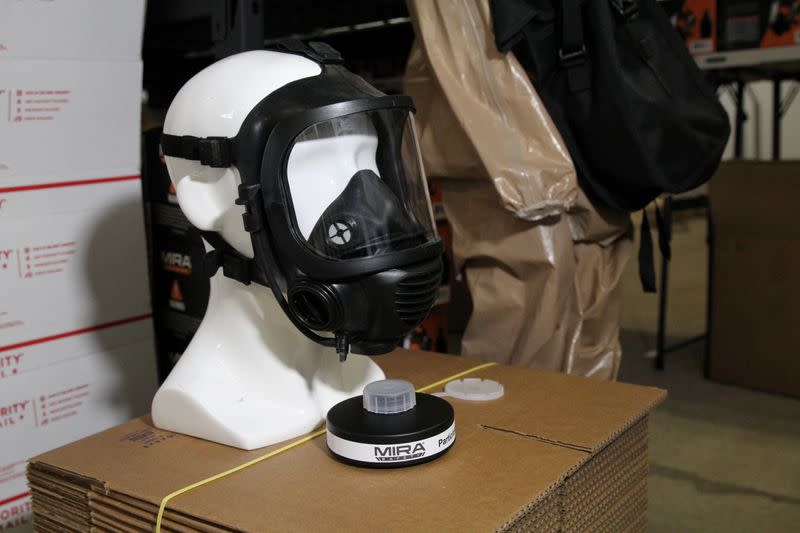 A mask and filter are seen in the warehouse of Mira Safety, a tactical gear manufacturer that says it is seeing an uptick in sales for its CM-6M tactical gas mask and its ParticleMax P3 virus filter as a result of the coronavirus, in Austin