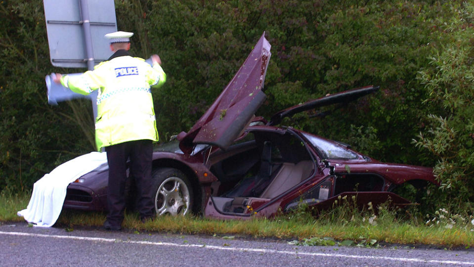 Rowan Atkinson's McLaren F1 after the actor spun it off the road and into a tree and road sign in 2011.