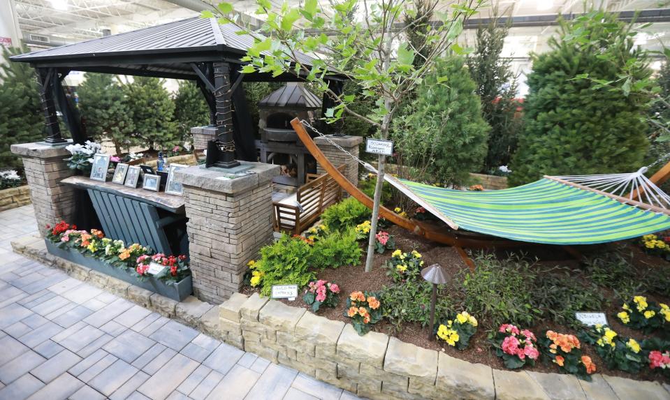 The Five Seasons Landscape Management display at the 2021 Columbus Dispatch Home & Garden Show featured a cool hammock set in the garden and a custom-built pavilion.