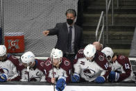 Colorado Avalanche head coach Jared Bednar directs his team during the first period of an NHL hockey game against the Los Angeles Kings Saturday, May 8, 2021, in Los Angeles. (AP Photo/Marcio Jose Sanchez)