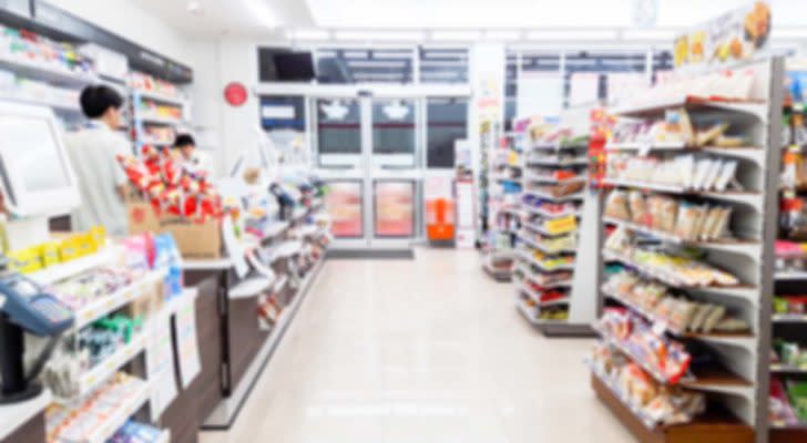 A blurred image of the inside of a convenience store.