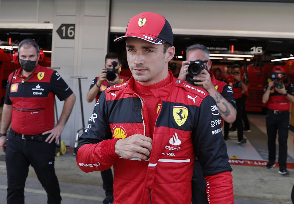 BARCELONA, SPAIN - MAY 21: Charles Leclerc of Ferrari celebrates the pole position after qualifying for the F1 Grand Prix of Spain at the Circuit de Barcelona-Catalunya in Barcelona, Spain on May 21, 2022. (Photo by Burak Akbulut/Anadolu Agency via Getty Images)