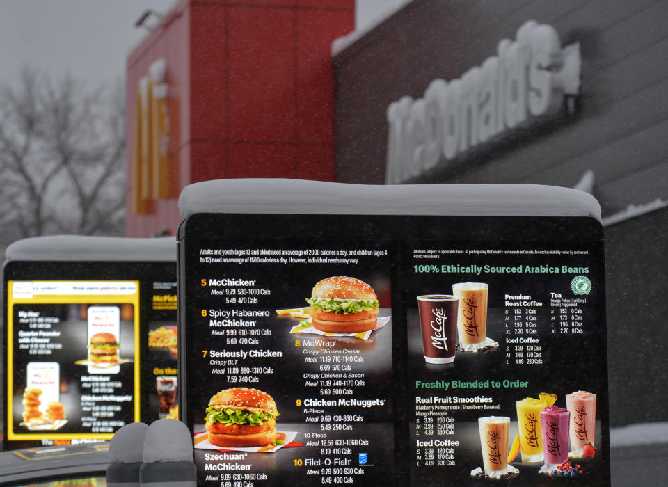 McDonald's menu at the entrance to the Drive Thru outside McDonald's fast food restaurant in the central Edmonton.
On Friday, January 7, 2022, in Edmonton, Alberta, Canada. (Photo by Artur Widak/NurPhoto via Getty Images)