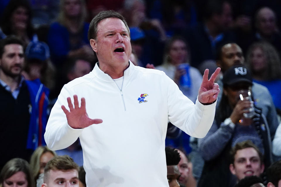 Kansas head coach Bill Self calls out to his team during the second half of an NCAA college basketball game against Michigan State Tuesday, Nov. 9, 2021, in New York. Kansas won the game 87-74. (AP Photo/Frank Franklin II)
