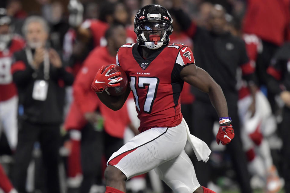 Atlanta Falcons wide receiver Olamide Zaccheaus (17) runs into the end zone for a touchdown against the Carolina Panthers during the second half of an NFL football game, Sunday, Dec. 8, 2019, in Atlanta. (AP Photo/Mike Stewart)