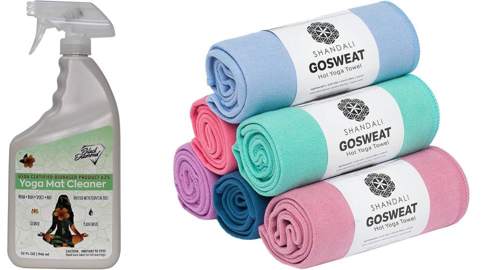 Best health and fitness gifts 2021: Black Diamond Yoga Mat Cleaner and Shandali Hot Yoga Towels