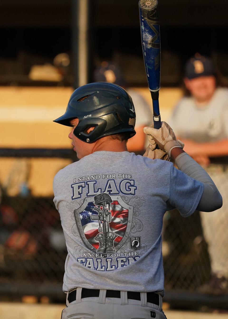 Blissfield Post 323's Landon Duvall wears a special Veterans Night shirt during Wednesday's game.