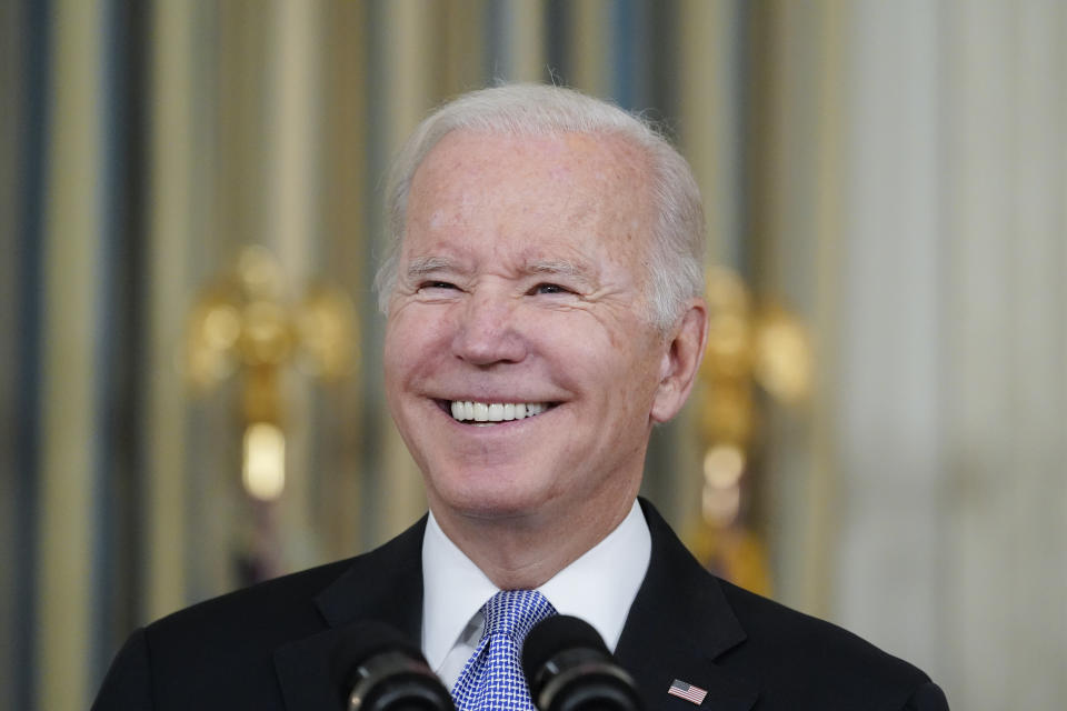 FILE - President Joe Biden speaks about the bipartisan infrastructure bill in the State Dinning Room of the White House, Saturday, Nov. 6, 2021, in Washington. (AP Photo/Alex Brandon, File)