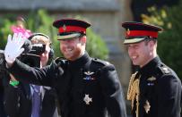 <p>Prince Harry arrives at <a href="https://www.harpersbazaar.com/celebrity/latest/g20839844/best-prince-harry-meghan-markle-royal-wedding-photos-recap/" rel="nofollow noopener" target="_blank" data-ylk="slk:his wedding;elm:context_link;itc:0;sec:content-canvas" class="link ">his wedding</a> to Meghan Markle with his best man and big brother, Prince William.</p>