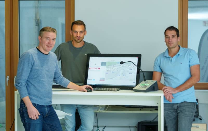 Christian Tischler (l-r), Johannes Sittig and Thomas Sittig of Sittig Technologies which provides cloud-based solutions for streamlining announcements at airports and railway stations. Andreas Arnold/dpa