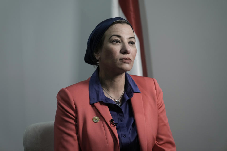 Egypt's Environment Minister Yasmine Fouad speaks with The Associated Press at the COP27 U.N. Climate Summit, Saturday, Nov. 12, 2022, in Sharm el-Sheikh, Egypt. (AP Photo/Nariman El-Mofty)