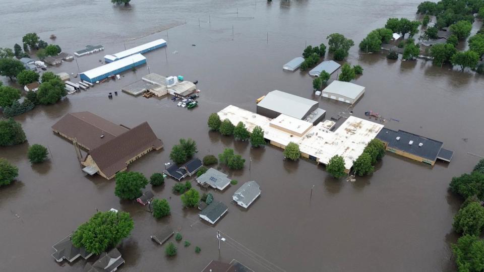 A drone view shows a flooded area following heavy rainfall in Rock Valley, Iowa, U.S. June 22, 2024, in this still image obtained from a social media video. (PHOTO: Chris VB/via REUTERS) (Chris Vb/Chris VB via Reuters)