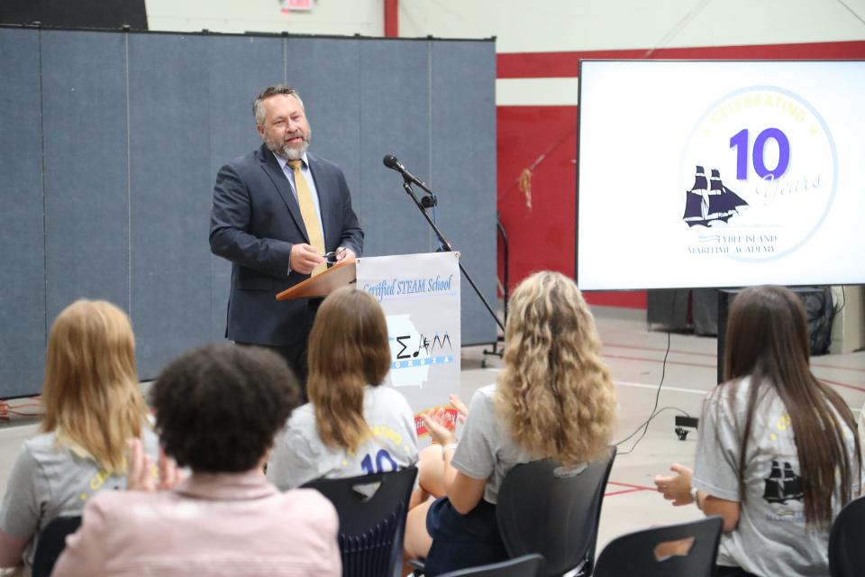 Principal Peter Ulrich speaks during the 10th anniversary celebration at Tybee Island Maritime Academy on Thursday, September 28, 2023.