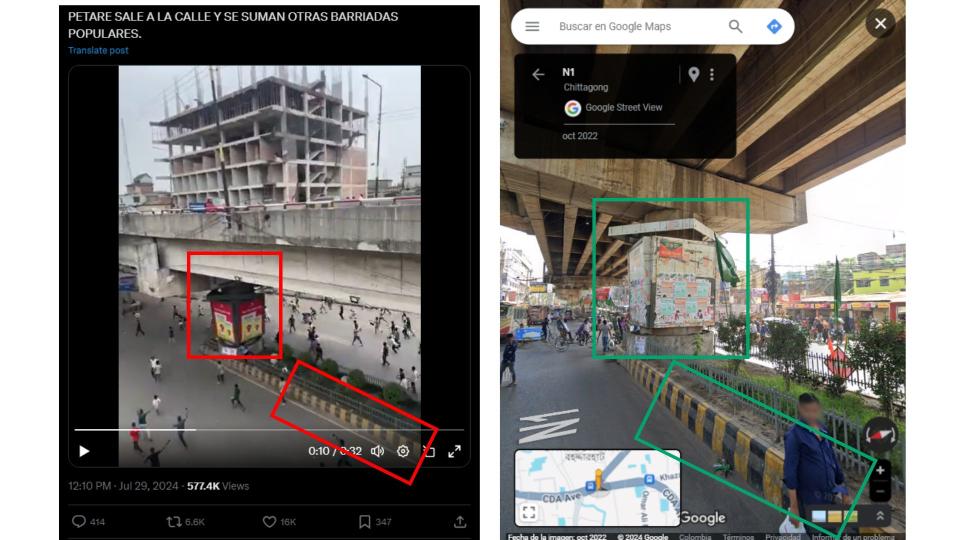 <span>Comparación entre capturas de pantalla de una publicación en X (I) y una imagen en Google Street View, hecha el 31 de julio de 2024</span>