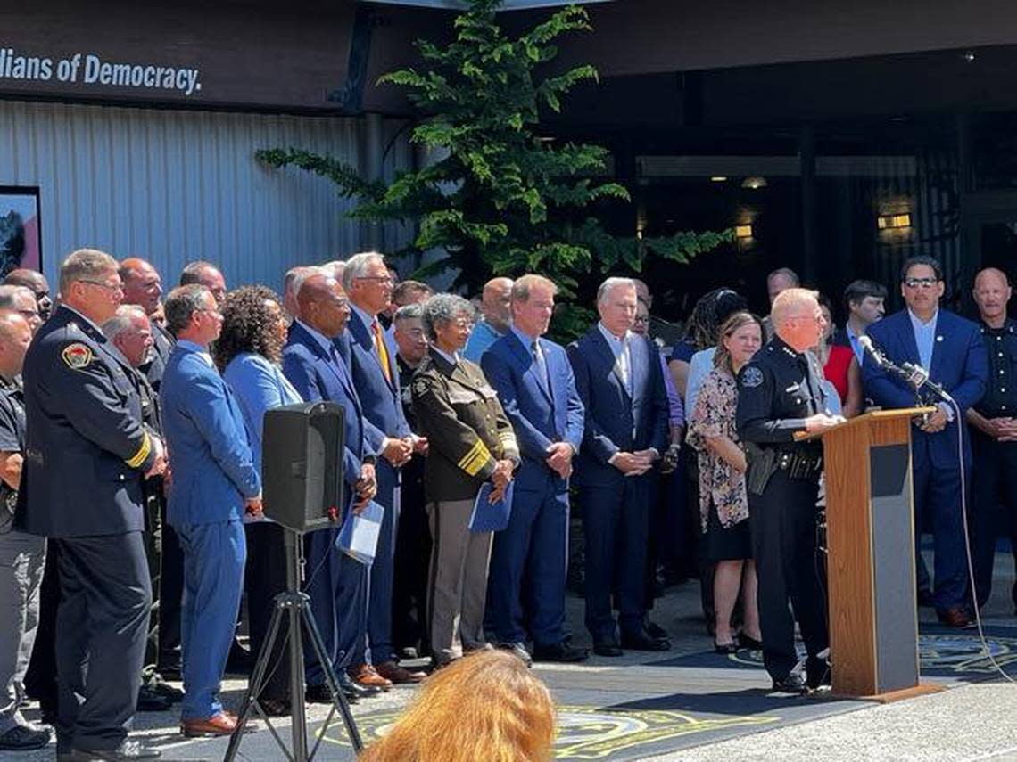 Pasco Police Chief Ken Roske speaks at a news conference this week with Washington Gov. Jay Inslee and others on a proposal to expand the Criminal Justice Training Commission academy.