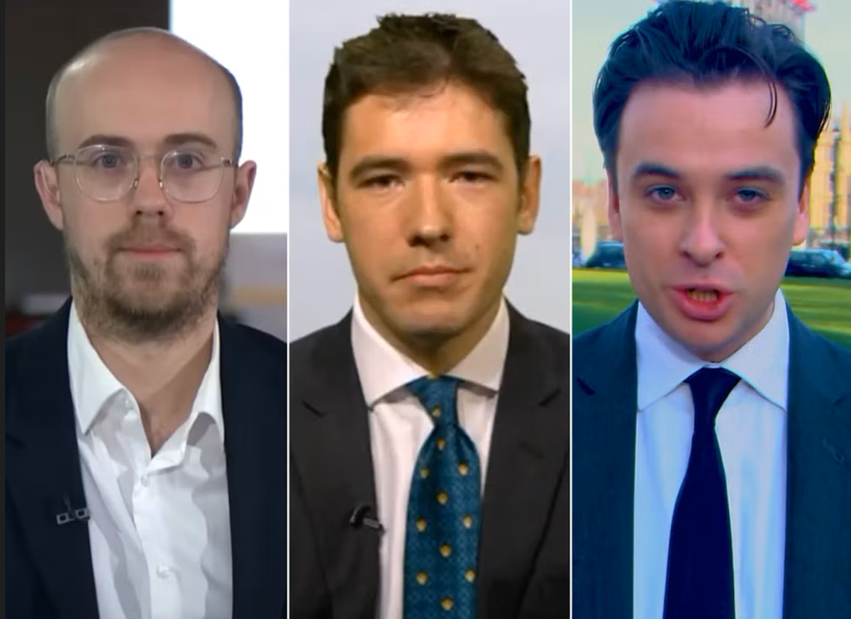 L-R: Alex Wickham, Henry Newman and Ross Kempsell, who are friends of Boris and Carrie Johnson (Bloomberg/BBC/Chris James/YouTube)