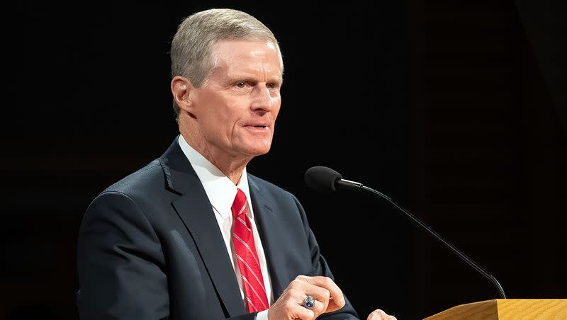 Elder David A. Bednar of the Quorum of the Twelve Apostles of The Church of Jesus Christ or Latter-day Saints speaks to missionaries during a devotional at the Provo Missionary Training Center  on Aug. 15, 2023. Elder Bednar is scheduled to speak at Utah’s Silicon Slopes Summit.
