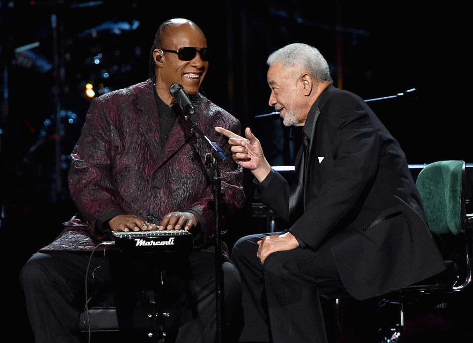 Stevie Wonder and Bill Withers perform onstage during the 30th Annual Rock And Roll Hall Of Fame Induction Ceremony at Public Hall on April 18, 2015 in Cleveland, Ohio. (Photo by Mike Coppola/Getty Images)