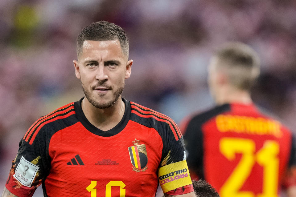 DOHA, QATAR - DECEMBER 01: Eden Hazard of Belgium looks on during the FIFA World Cup Qatar 2022 Group F match between Croatia and Belgium at Ahmad Bin Ali Stadium on December 1, 2022 in Doha, Qatar. (Photo by Mohammad Karamali/DeFodi Images via Getty Images)