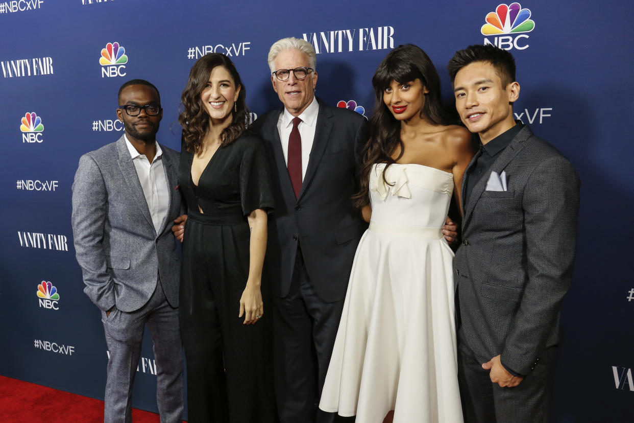 William Jackson Harper, from left, D'Arcy Carden, Ted Danson, Jameela Jamil and Manny Jacinto, cast of the show 