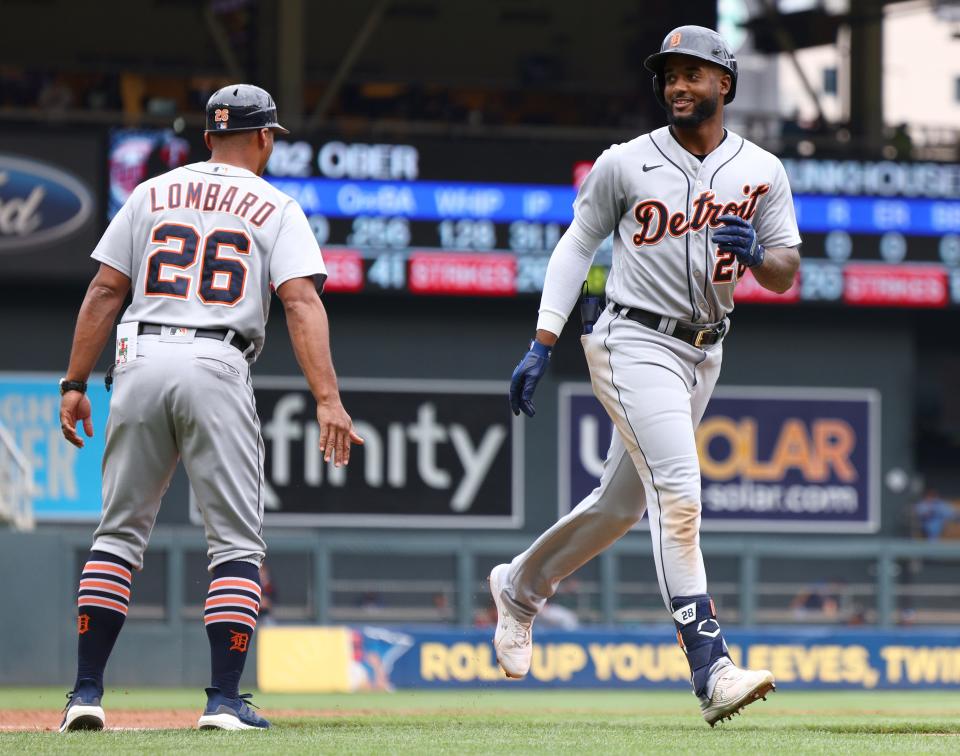 Niko Goodrum #28 of the Detroit Tigers rounds third base after hitting a home run in the second inning against the Minnesota Twins at Target Field on July 10, 2021 in Minneapolis, Minnesota.