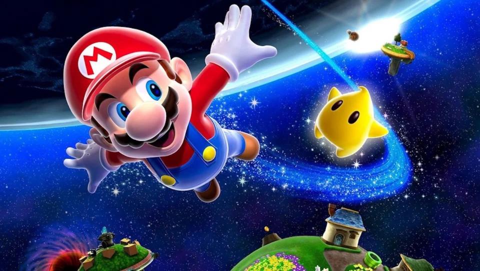 Mario flies through space past a yellow star and away from planets in a cover for Super Mario GAlaxy. Super Mario Galaxy would make for a good movie spinoff.