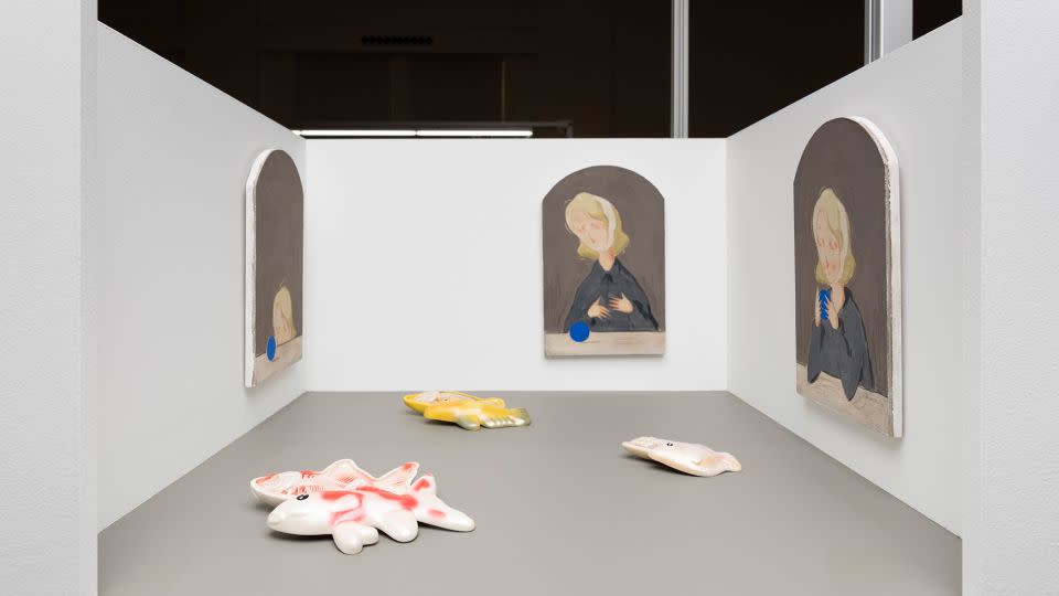 The Ghent, Belgium-based gallery Tatjana Pieters sold out its booth last year (pictured here), which featured fish bones in 3D-printed sarcophagi by Charles Degeyter and Renaissance-inspired mini paintings by Mae Alphonse Dessauvage. - Roland Miller/Barely Fair