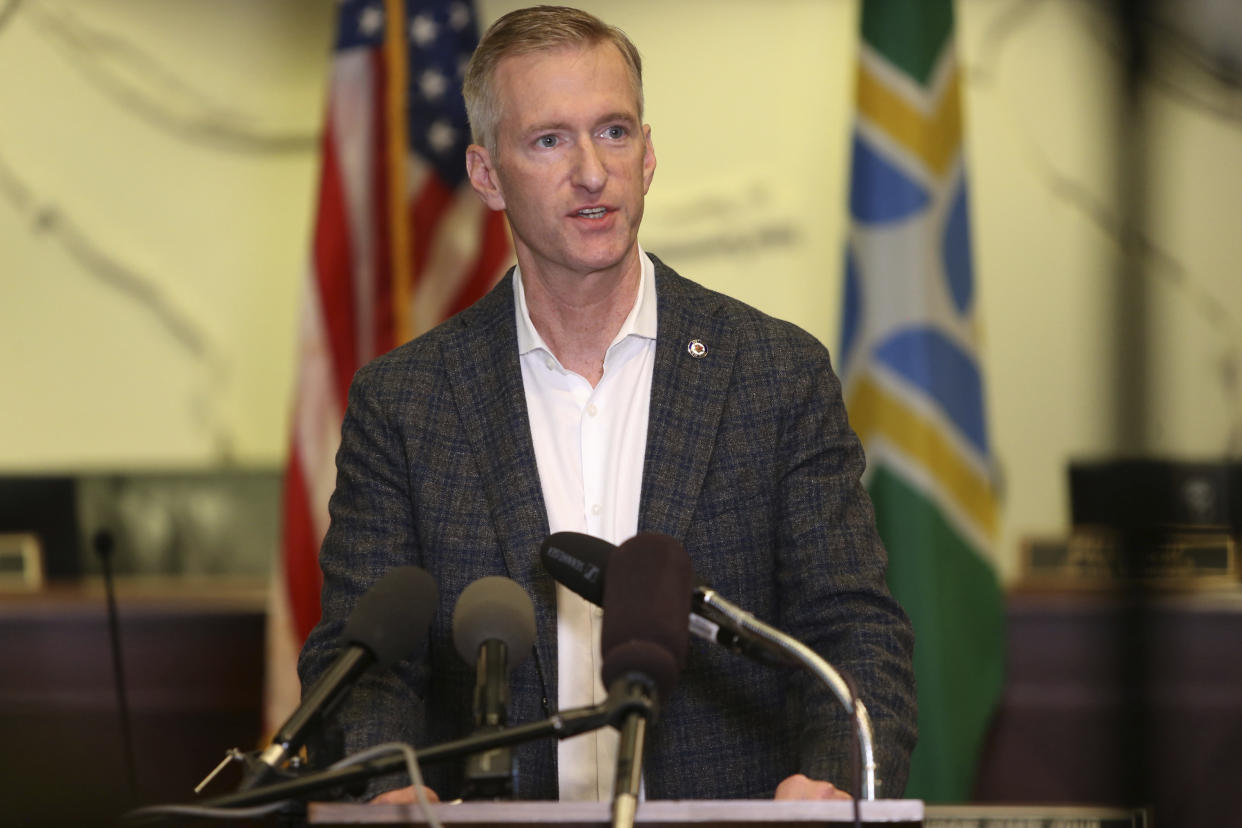 FILE - In this Aug. 30, 2020 file photo Portland Mayor Ted Wheeler speaks during a news conference. On Monday, Jan. 25, 2021, Wheeler said the ongoing criminal destruction and violence occurring in his city - which has been the epicenter of protests against racial injustice for eight months - is &quot;unacceptable.&quot; (Sean Meagher/The Oregonian via AP, file)